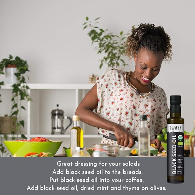 RAWYA Black Seeds + Black Seed Oil - USDA Organic Certified Cold Pressed Nigella Sativa Cumin Seed Oil Kalonji Premium Quality High Thymoquinone Pure &amp Natural 8.4 Oz + 16 Oz Seeds