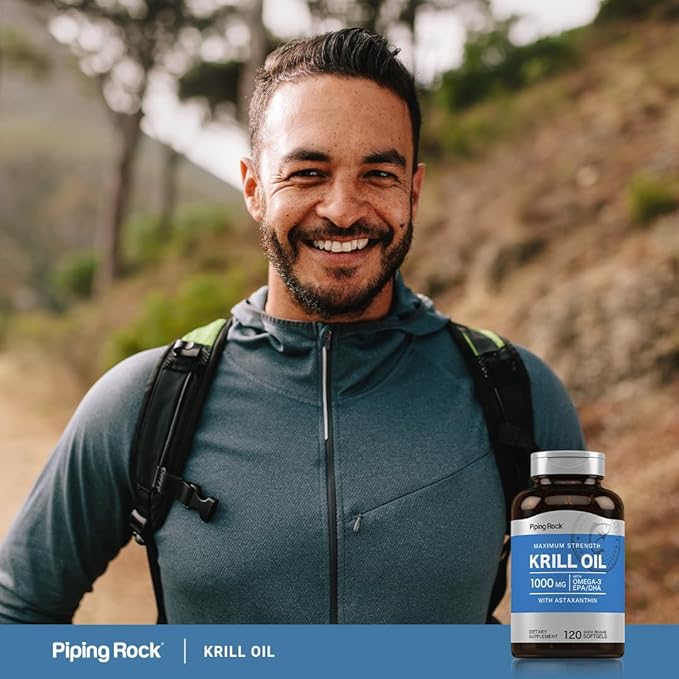 Piping Rock Krill Oil Omega 3 Softgel Capsules | 1000mg | 120 Count | EPA DHA Supplement with Astaxanthin | Maximum Strength | Non-GMO Gluten Free