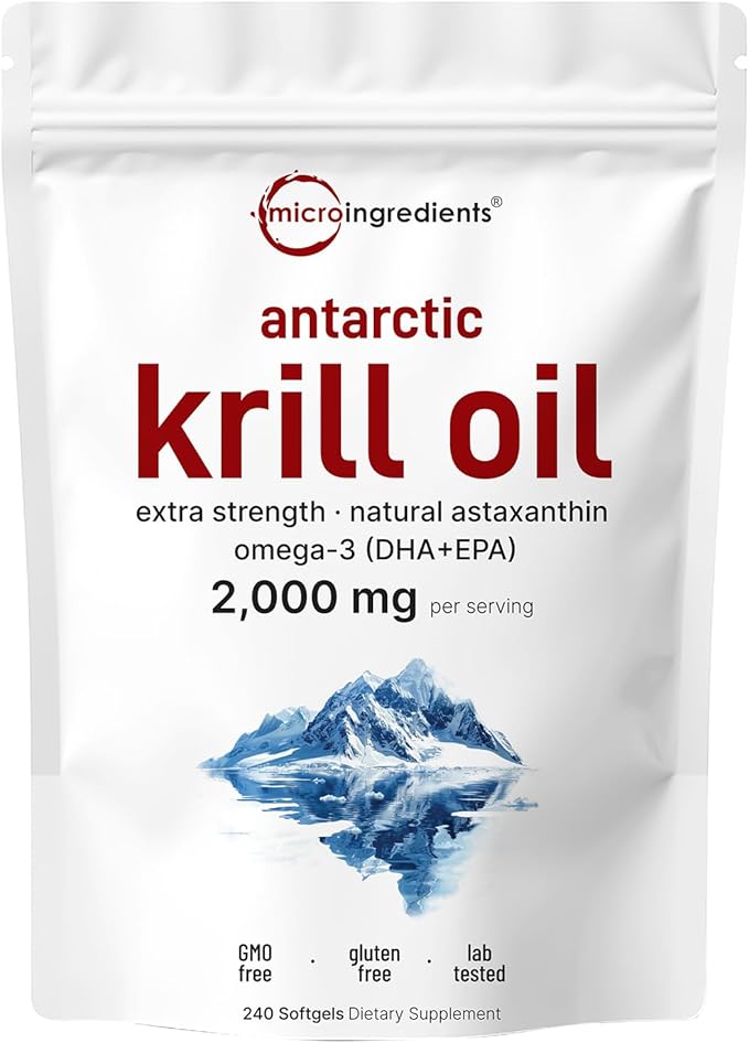 Micro Ingredients Antarctic Krill Oil Supplement 2000mg Per Serving 240 Softgels Triple Strength Rich in Omega-3s EPA DHA &amp Natural Astaxanthin Supports Immune System &amp Brain Health