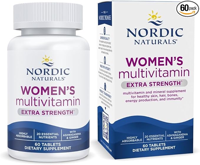 Nordic Naturals Women’s Multivitamin Extra Strength - Skin Hair Energy &amp Bone Support - Immunity Supplement - 20 Essential Nutrients - 60 Tablets - 30 Servings