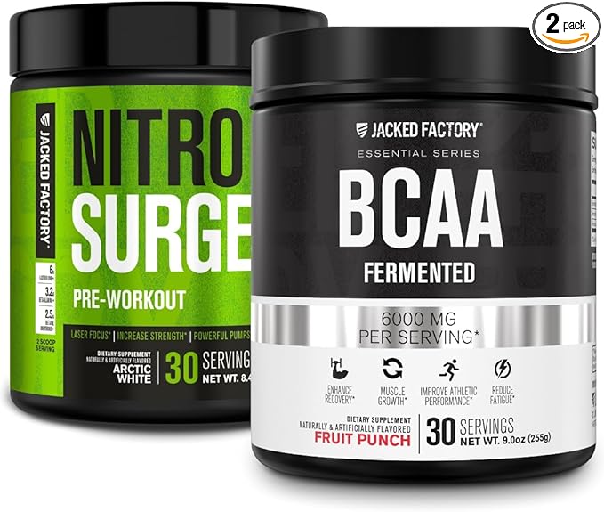 Jacked Factory Nitrosurge Pre-Workout in Arctic White &amp BCAA in Fruit Punch for Muscle Building and Recovery