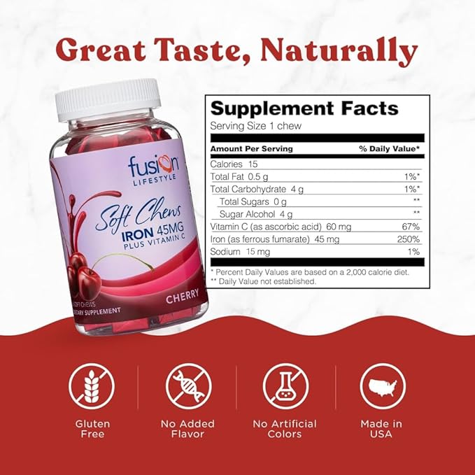 Chewable Iron Supplement for Women &amp Men - Cherry Flavor Iron Vitamin C Soft Chew for Max Absorption Iron as Ferrous Fumarate Ideal for Anemia and Iron Deficiency 2 Month Supply