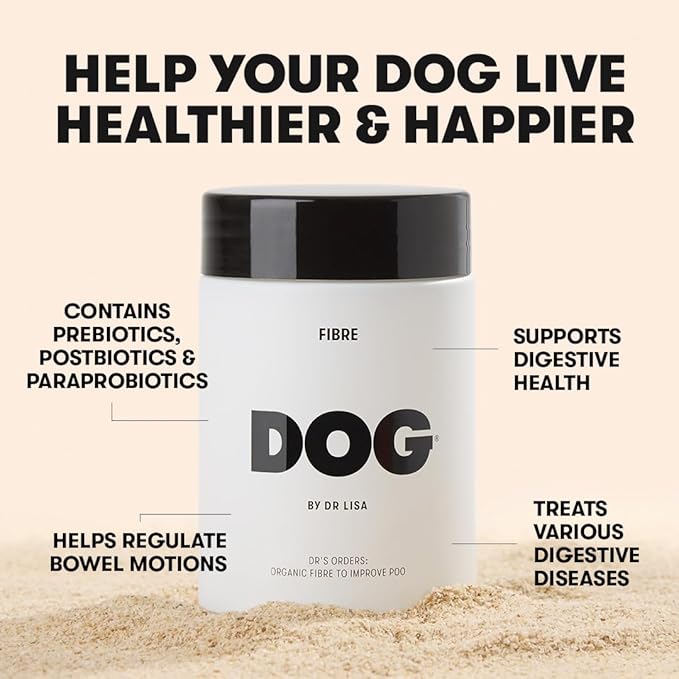 DOG by Dr Lisa - Fibre - Daily Fiber Supplement for Dogs - Supports Bowel Health and Stools - Made with Prebiotics Postbiotics &amp Paraprobiotics - Vet-Created - Size 100g / 3.53oz