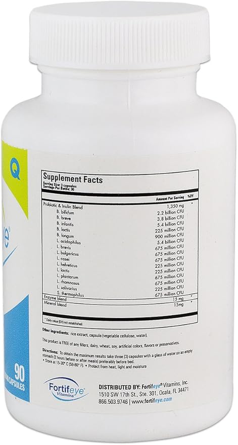 Fortifeye Probiotic Bacteria Vegan Supplement with Digestive Enzymes 90 Capsules 30 Day Supply - Probiotics for Digestive Health Women Men &amp Kids Supports Digestion Bloating and Ocular Systems