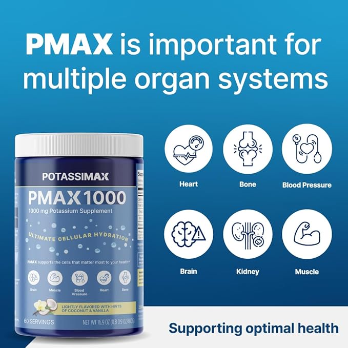 PMAX1000 High Dose Pure Potassium Electrolyte Supplement Powder 1000mg 4-Type Potassium Blend-Citrate Gluconate BicarbonateChloride. Supports Healthy Blood Pressure Heart Kidneys Bones Muscles