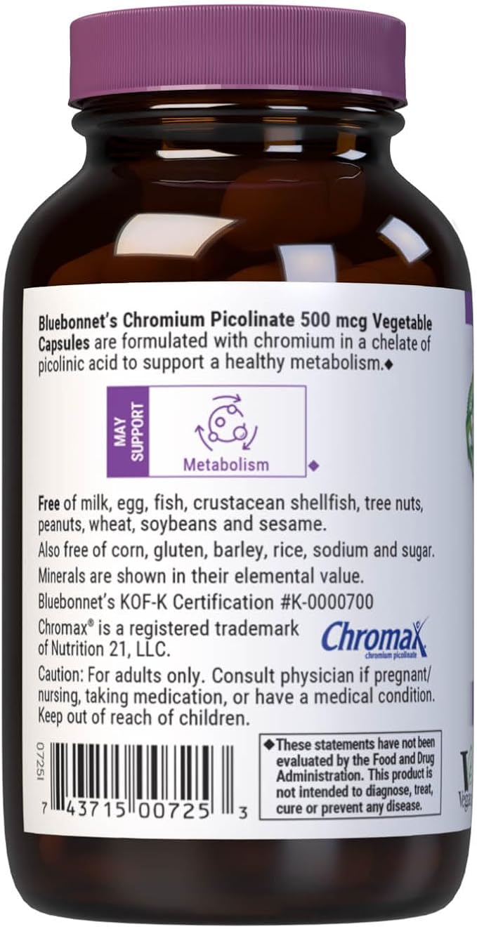 BlueBonnet Nutrition Chromium Picolinate Soy Gluten &amp Dairy Free Non-GMO Kosher Certified Vegan 500 mcg 100 Count