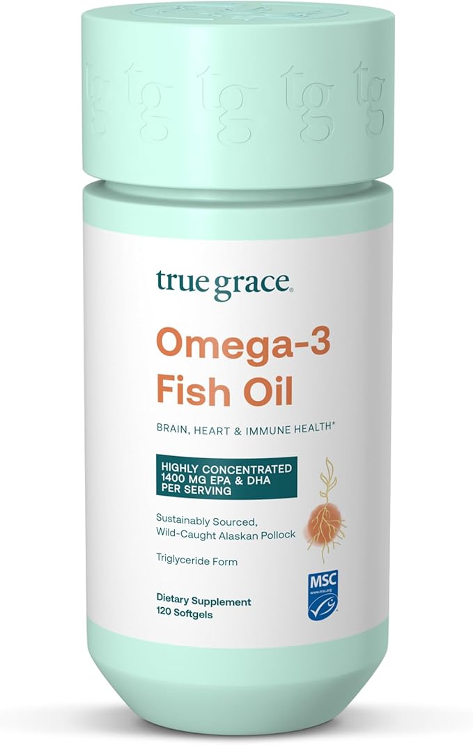 True Grace Omega-3 Fish Oil - 120 Softgels - 1400 mg EPA + DHA - Brain Heart Joint &amp Immune Health - Organic Gluten Free Soy Free