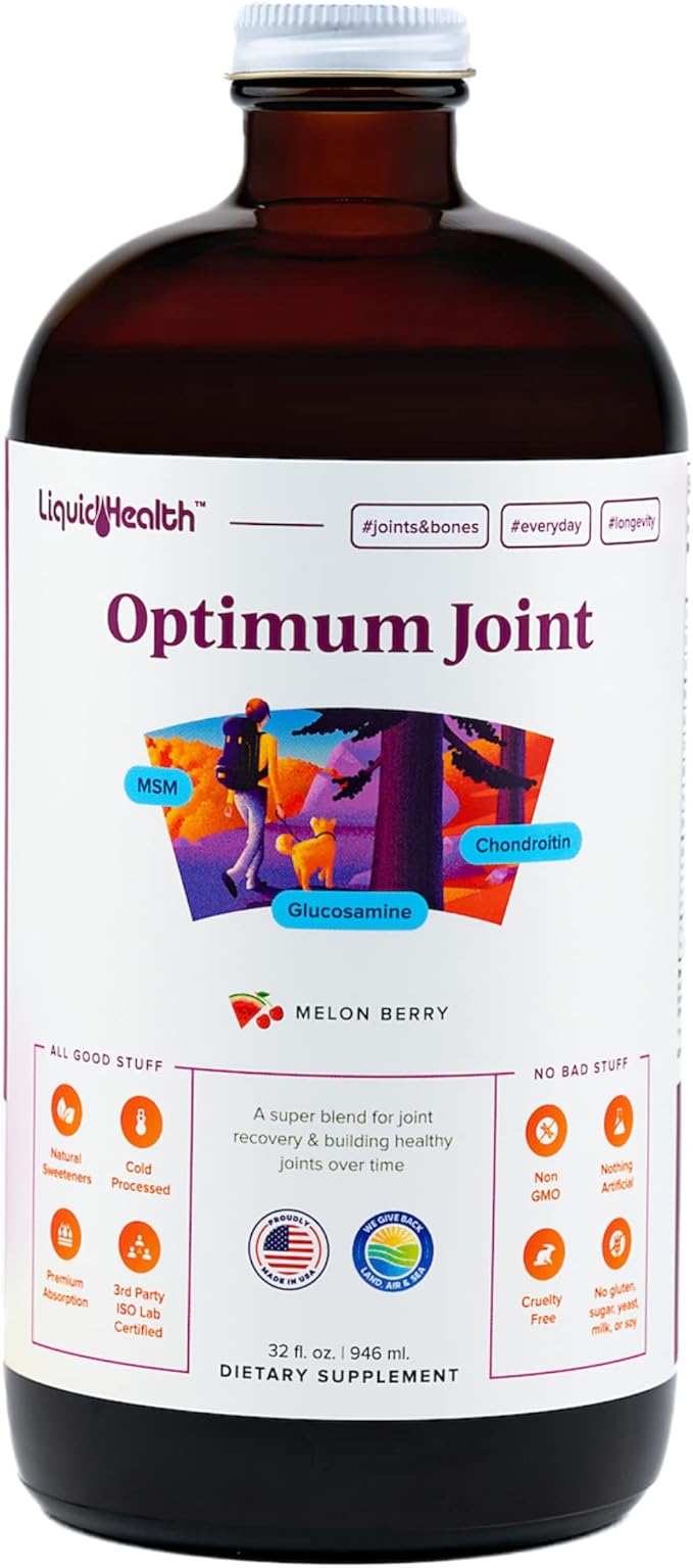 LIQUIDHEALTH Optimum Joint Support Supplement with Glucosamine Chondroitin MSM Hyaluronic Acid - Triple Strength Liquid Vitamins Gluten-Free Dairy-Free Soy-Free Joint Juice Made in USA (32 oz)