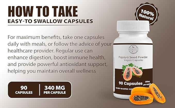 Papaya Seed Powder Capsules | High Papaya Enzyme (Papain) Content | Gluten &amp Lactose Free | Non-GMO | No Additives | Vegan | Nutritional Supplement | Quality Controlled (90 Capsules)