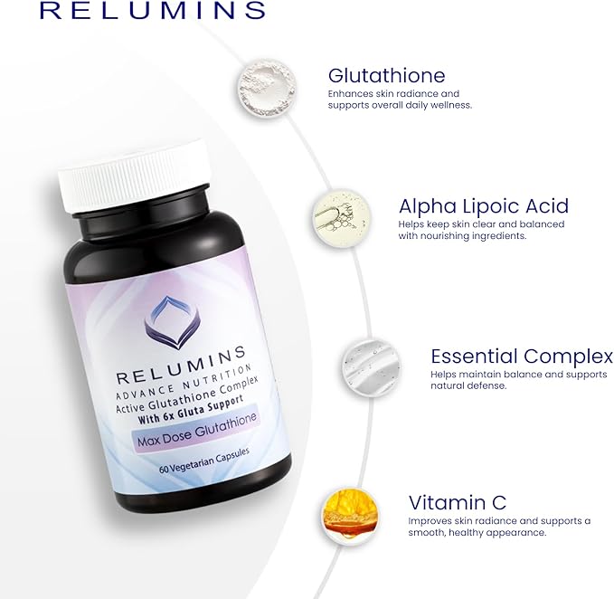 Relumins Advance White Active Glutathione Complex - Max Dose 900mg Glutathione with 6X Boosters ALA &amp NAC - Anti-Aging &amp Skin Supplement Mother's Day Wellness - 60 Caps x 10 Bottles