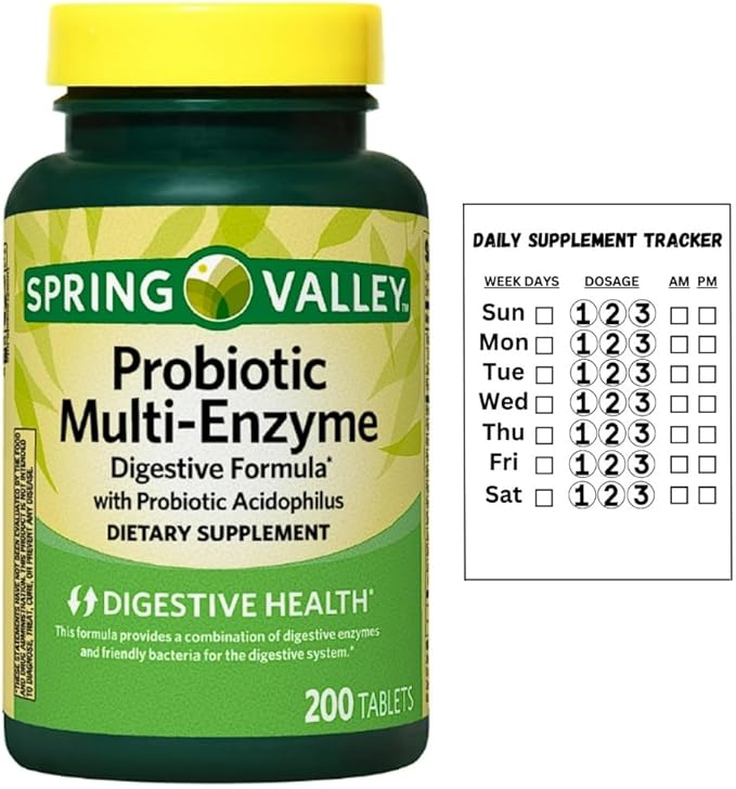 Spring Valley Probiotic Multi-Enzyme Digestive Formula Tablets 200 ct + Daily Supplement Tracker Sticker