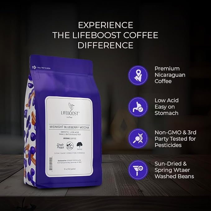 Lifeboost Midnight Blueberry Mocha Ground Coffee - Low Acid Single Origin Coffee - Non-GMO Wild Blueberry Coffee Grounds Third Party Tested For Mycotoxins &amp Pesticides - 12 Ounces