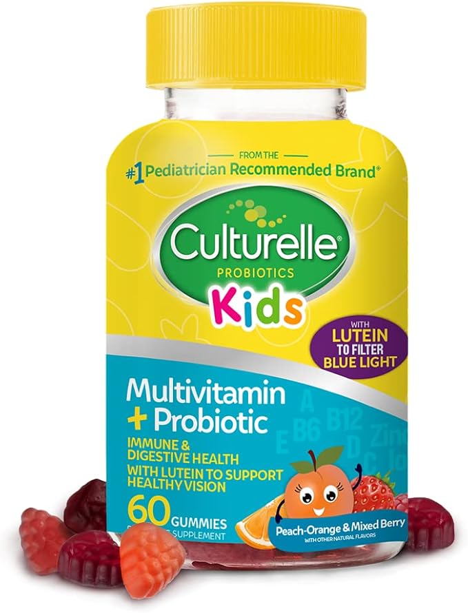 Culturelle Kids Probiotic Gummies for Ages 2+ - Peach-Orange &amp Mixed Berry Flavors &amp Daily Probiotic for Kids + Veggie Fiber Gummies (Ages 3+) - 60 Count - Digestive