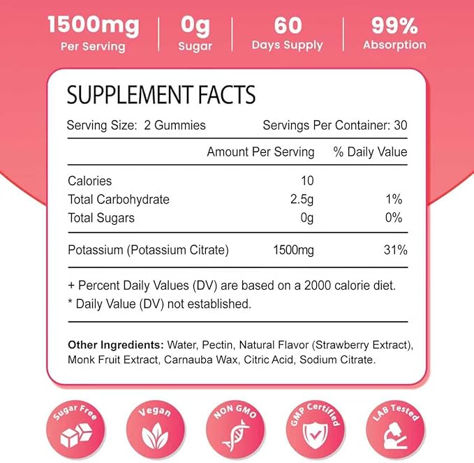 2 Pack Potassium Gummies for Adults Women &amp Men Potassium Citrate Supplement Support Leg Cramps Muscle Health &amp Electrolyte Balance Sugar Free Organic Vegan Strawberry 120 Cts
