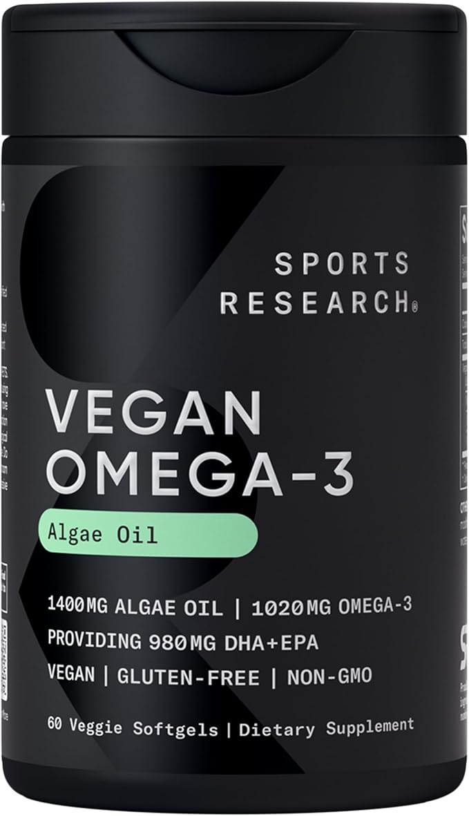 Sports Research® Vegan Supplements Pack - Vegan Omega-3 Fish Oil Alternative from Algae Oil + Vitamin D3 + K2 + Magnesium Glycinate