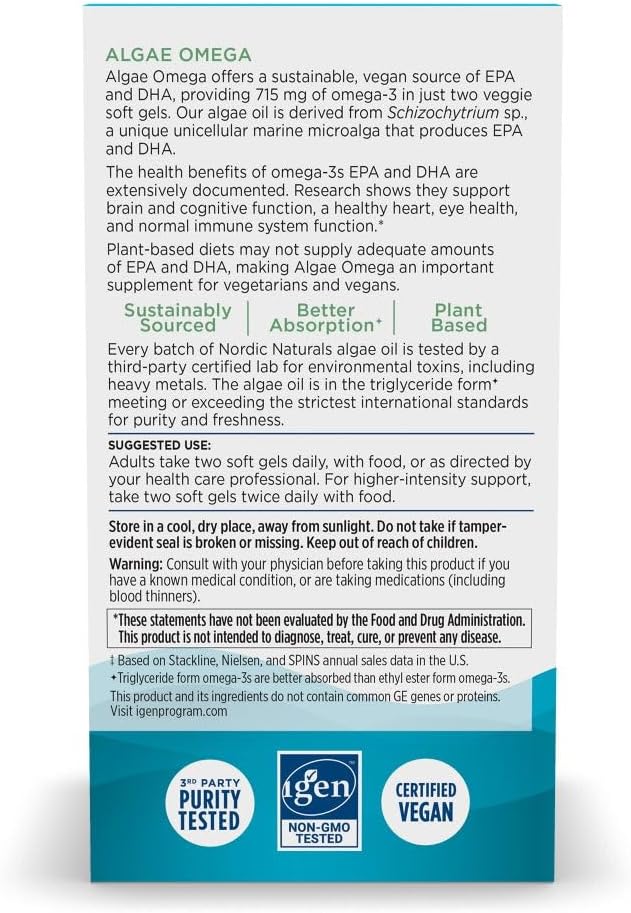Nordic Naturals Algae Omega - 120 Soft Gels - 715 mg Omega-3 - Certified Vegan Algae Oil - Plant-Based EPA &amp DHA - Heart Eye Immune &amp Brain Health - Non-GMO - 60 Servings