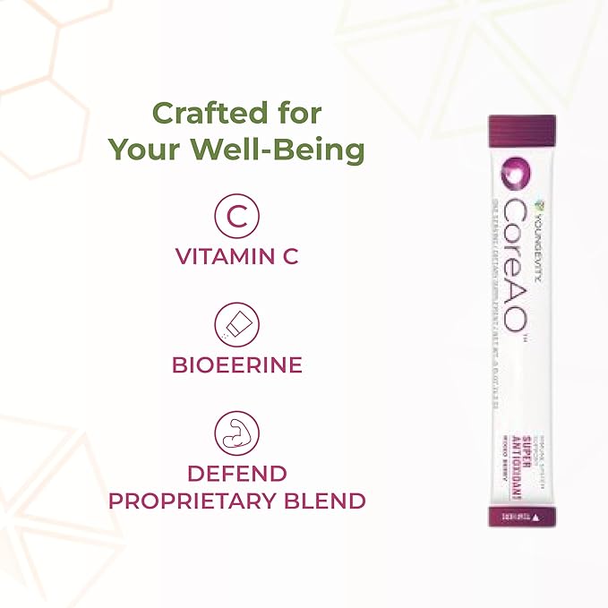 Youngevity Official CoreAO Stiks – Antioxidant Superfood Supplement - Vitamin C D3 and Zinc - Immune Support Berry Flavor On-the-Go Stick Packs Non-GMO Gluten-Free and Low-Calorie – 30 Servings