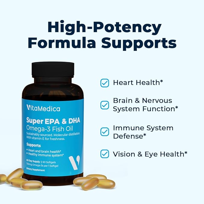 High-Potency Super EPA/DHA Fish Oil 750mg of Essential Omega-3 Fatty Acids | EPA &amp DHA | Heart Health Brain Health Immune System Health