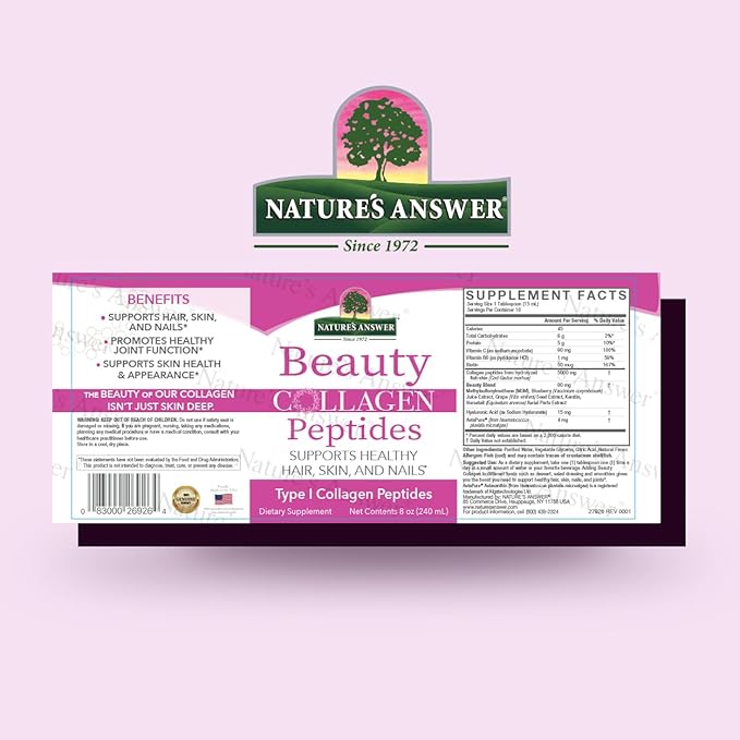 Nature's Answer Beauty Collagen Peptides 8 Fluid Ounces | Hair Skin &amp Nail Support | Gluten-Free | Alcohol-Free | Non-GMO | Cruelty-Free | Single Count