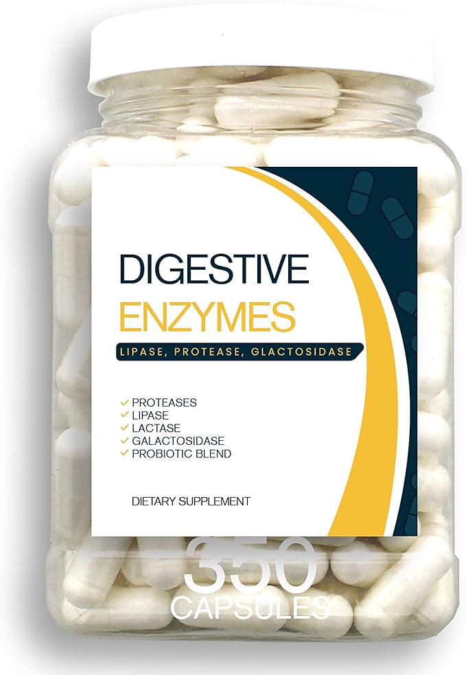 Digestion Aid - 350 Count Blend of Digestive Enzymes and Key Probiotic Strains in a Clear Square Grip Jar