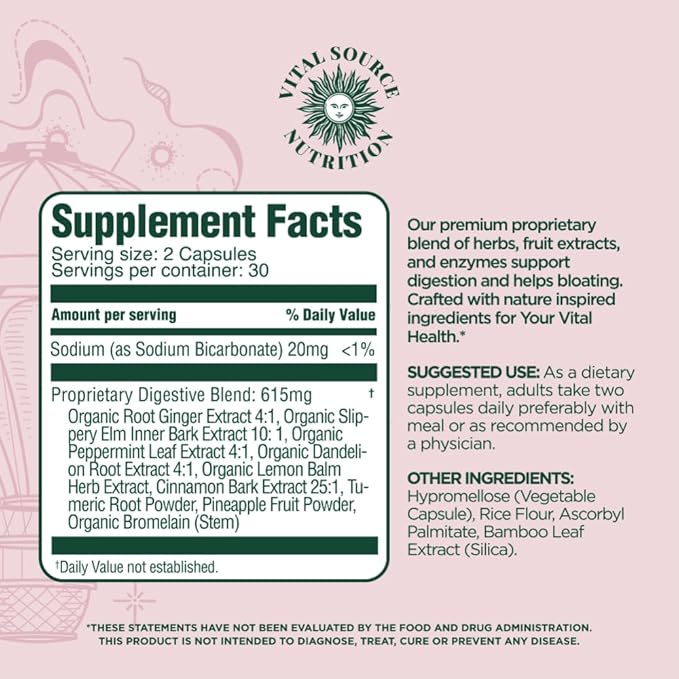 Vital Source Nutrition - AiRi - Debloat Support Capsules - Natural Digestive Blend with Enzymes &amp Herbal Extracts - Supports Gut Balance &amp Digestive Comfort - Supplements for Women - 30 Servin