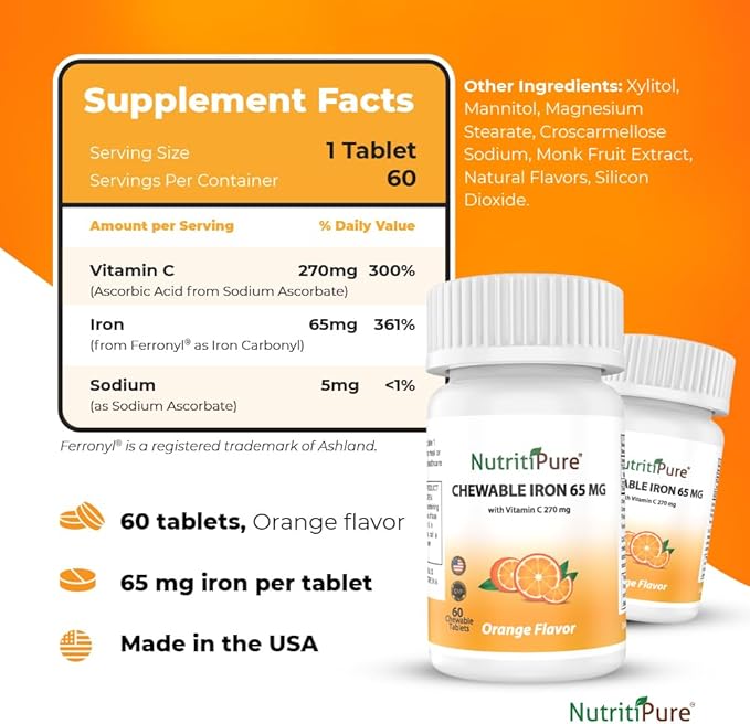 Chewable Carbonyl Iron 65mg Tablets with 270mg Vitamin C – 2 Pack (120 Count) – Gentle Non-Constipating Iron Supplement for Women &amp Men – Bariatric Friendly – Sugar Free – 4 Month Supply