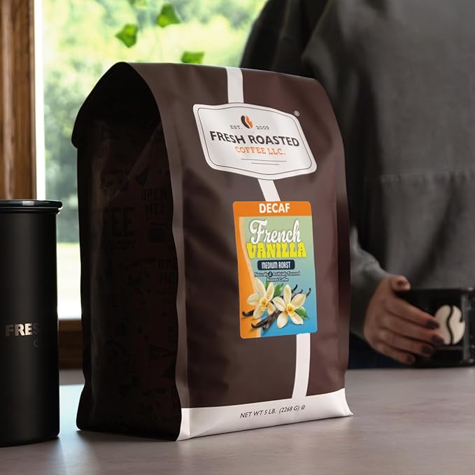 Fresh Roasted Coffee Decaf French Vanilla Flavored Coffee 5 lb (80 oz) Medium Roast Kosher Ground