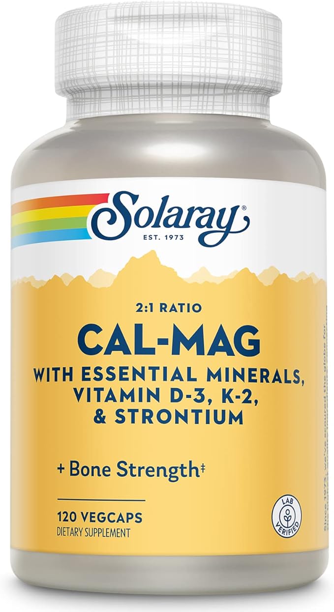 Solaray Cal-Mag with Essential Minerals | Calcium Magnesium Strontium Vitamins D-3 &amp K-2 | 30 Serv | 120 VegCaps