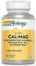 Solaray Cal-Mag with Essential Minerals | Calcium Magnesium Strontium Vitamins D-3 &amp K-2 | 30 Serv | 120 VegCaps