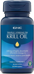GNC Triple Strength Krill Oil Supplement 220mg EPA and DHA Omega 3s Supports Heart Brain and Joint Health Superior Absorption Antarctic Sourced Burpless 30 Softgels 30 Servings