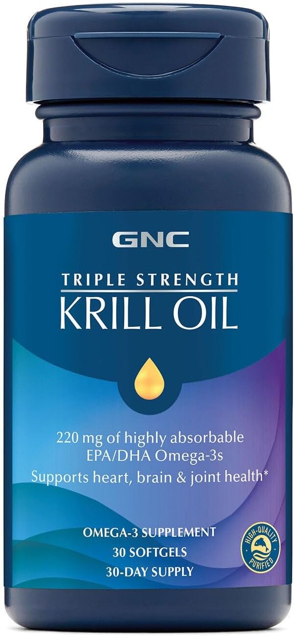 GNC Triple Strength Krill Oil Supplement 220mg EPA and DHA Omega 3s Supports Heart Brain and Joint Health Superior Absorption Antarctic Sourced Burpless 30 Softgels 30 Servings