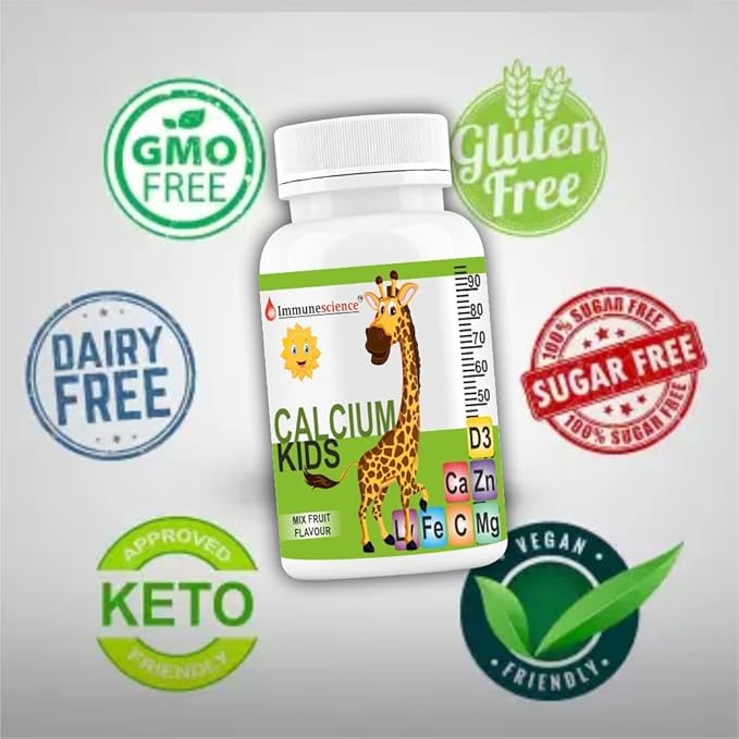 Verem Calcium for Kids with Vitamin D3 (VIT d) Magnesium Zinc Supplement Vitamin C L-lysine Multivitamin for Kids Strong Bones Immunity Growth &amp Development- 120 Tablets (Pack of 4)