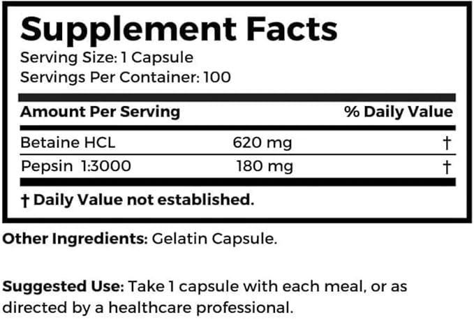 Dr. Clark Betaine HCL Supplement with Pepsin 800mg 100 Gelatin Capsules