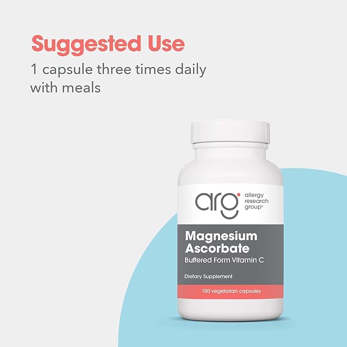Allergy Research Group Magnesium Ascorbate Supplement - 1000mg Buffered Vitamin C Immune Support Magnesium Powder Vegetarian Capsules - 100 Count