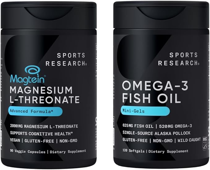Sports Research® Cognitive Health Combo - Fish Oil Mini-Softgels - Easy to Swallow Omega-3 Fatty Acids from Wild Caught Alaska Pollock &amp Magtein Magnesium L-Threonate Supplement for Memory &amp F