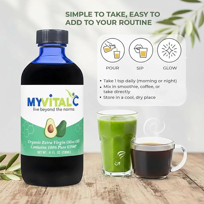 MyVitalC Organic Avocado Oil - Pure ESS60 Antioxidant Supplement - May Help With Anti-Aging Longevity Sleep More Energy - Performance - 120ML