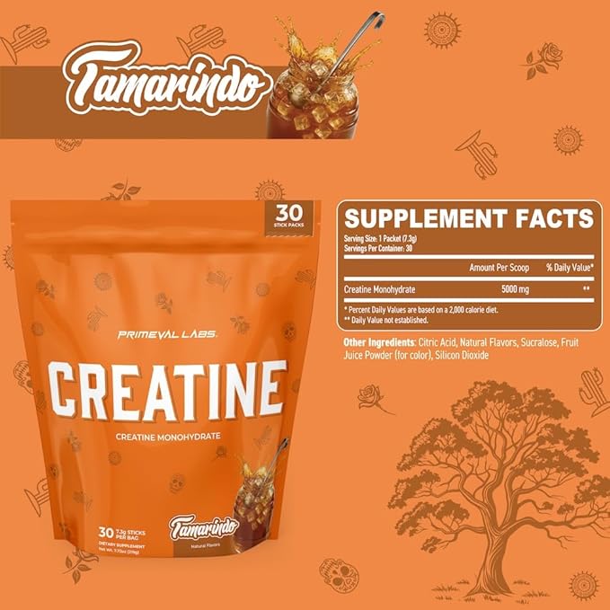 Primeval Labs Clean Creatine Monohydrate Powder | Flavored Powder for Muscle Strength &amp Recovery | Latin Aqua Fresca Flavors | Workout Supplement for Men &amp Women | 30 Servings | Tamarindo