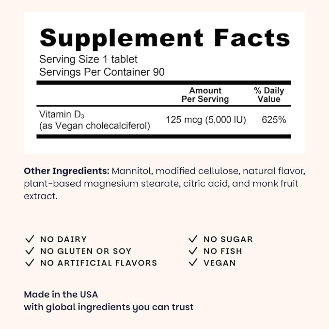 EZ Melts Dissolvable Vitamin D3 5000 IU - Vegan Vitamin D Supplement for Bone &amp Teeth Support - No Artificial Flavors - Plant-Based &amp Non-GMO - Green Apple - 180 Dissolvable Tablets (180 Serv