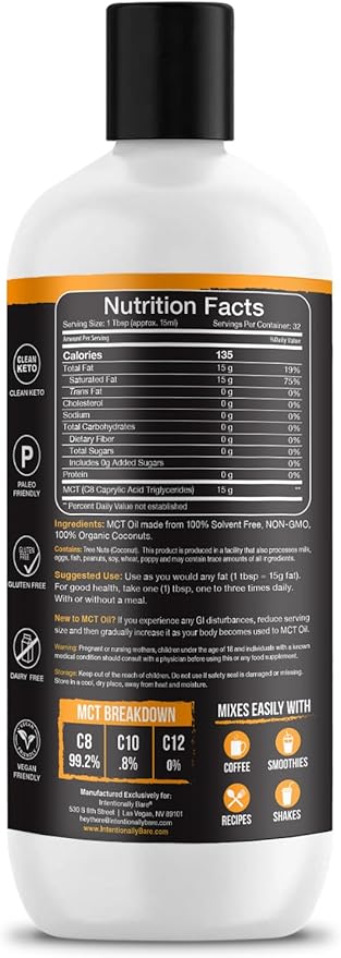 Intentionally Bare MCT Oil - Coconut Oil with 99.2% C8 and 0.8% C10 for Clean Energy Brain Health &amp Focus - MCT Oil C8 for Keto Paleo &amp Vegan Diet - Unflavored Coconut MCT for Coffee &amp S