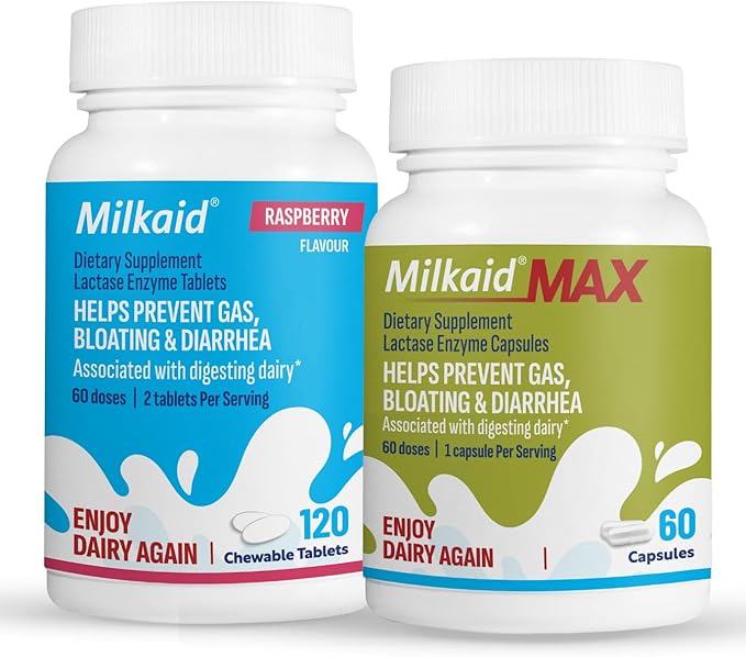 Milkaid Chewable Tablets &amp Max Capsules Bundle | Lactase Enzyme for Lactose Intolerance | Fast Acting Dairy Digestive Supplement | 120 Chewable Tablets &amp 60 Capsules