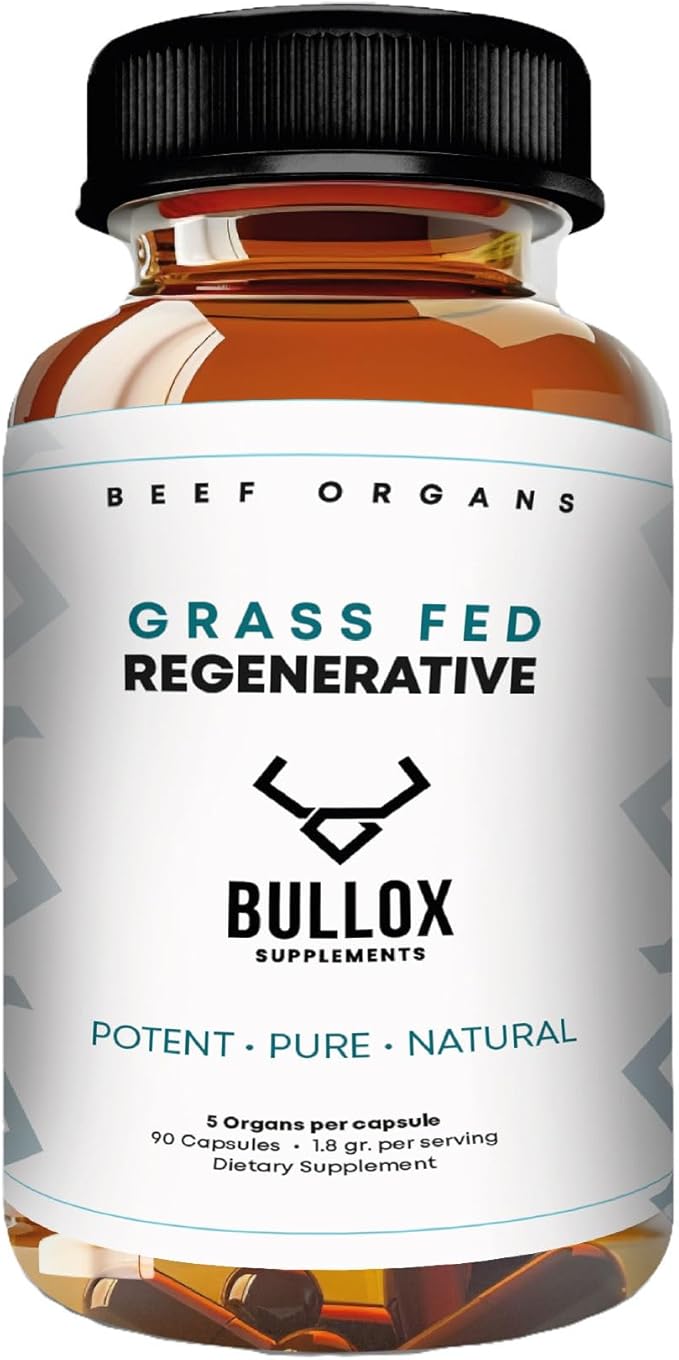 Bullox Supplements. Grass Fed Beef Organs Freeze Dried Liver Heart Kidney Pancreas and Spleen Natural Multi-Vitamin Supporting Wellness and Whole Body Nutrition. Non GMO Free Pesticides.