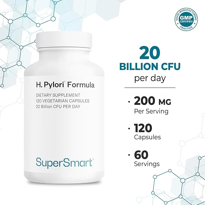 Supersmart H. Pylori Formula 20 Billion CFU per Day - Probiotic Lactobacillus Reuteri DSM 17648 Supplement | Non-GMO &amp Gluten Free - 120 Vegetarian Capsules