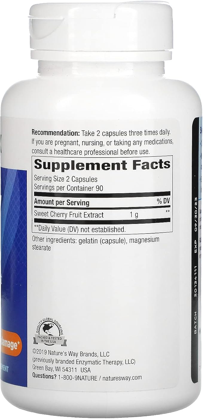 Nature's Way Cherry Fruit Sweet Cherry Extract Supports Antioxidant Pathways* 1000 mg Per 2-Capsule Serving Gluten free 180 Capsules (Packaging May Vary)