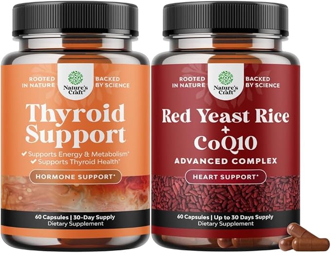 Bundle of Herbal Thyroid Support Complex - Potent Kelp Iodine with L Tyrosine Bladderwrack Selenium Ashwagandha and Red Yeast Rice with CoQ10 Supplement - Healthy Heart &amp Healthy Cholesterol Level