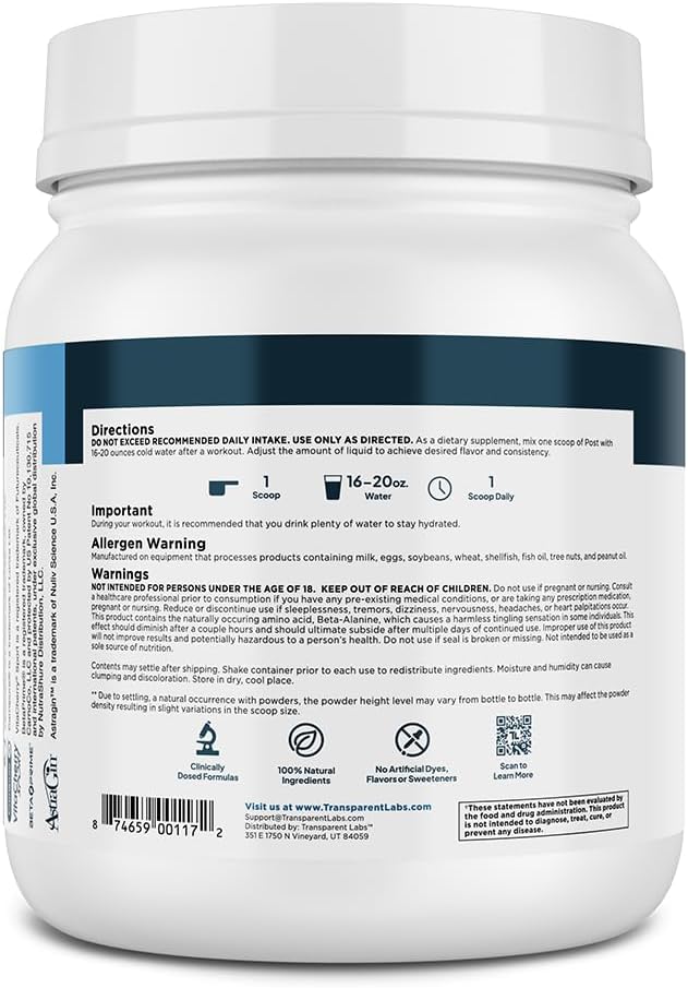 Transparent Labs Post - Post-Workout Recovery Muscle Builder w/L-Glutamine Creatine Monohydrate &amp Carnipure L-Carnitine L-Tartrate for Muscle Recovery &amp Building - 30 Servings Orange