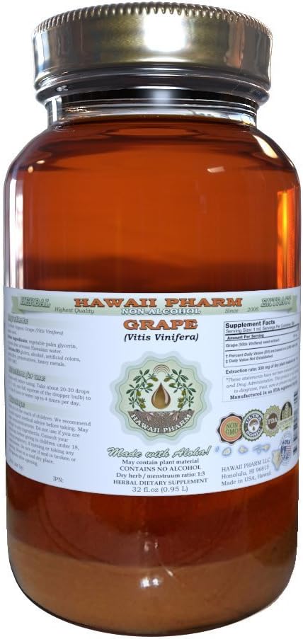 Hawaii Pharm Grape Alcohol-Free Liquid Extract Grape (Vitis Vinifera) Dried Seed Glycerite Natural Herbal Supplement 32 oz Unfiltered