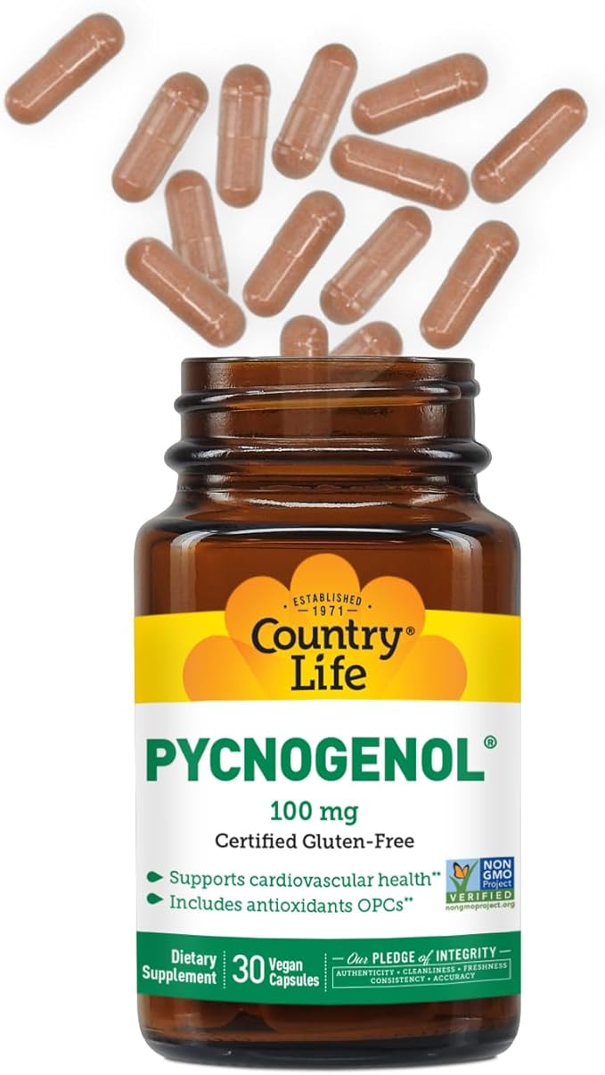 Country Life Pycnogenol 100mg - French Maritime Pine Bark Extract Antioxidants Supplement - Supports Cardiovascular Health - No Yeast Corn Wheat Soy Milk Salt Preservatives - 30 Capsules