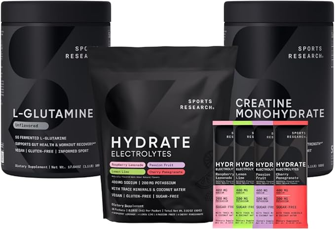 Sports Research L-Glutamine (1.1 lbs) Sugar-Free Naturally Flavored Hydrate Electrolytes 16x Variety Packets and Creatine Monohydrate (1.1 lbs)
