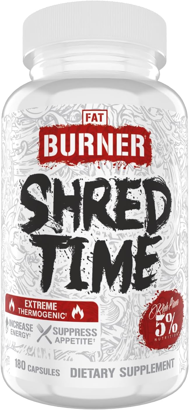 5% Nutrition Shred Time Fat Burner | Green Tea Coffee Bean Cayenne Theobromine GBB | Appetite Suppression | 30 Servings (180 Capsules)