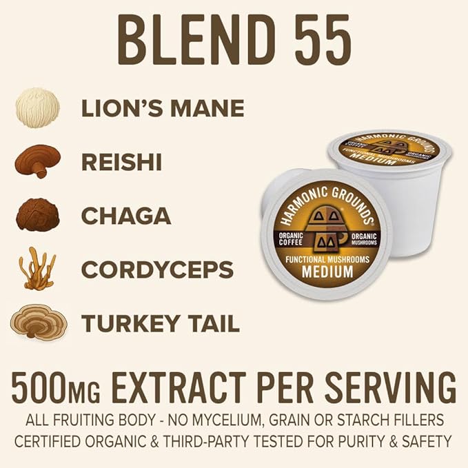 Harmonic Grounds Organic Mushroom Coffee Pods - Medium Roast Coffee with Lion's Mane Reishi Chaga Cordyceps &amp Turkey Tail - Compatible with Keurig K-Cup Brewers - 34 Count